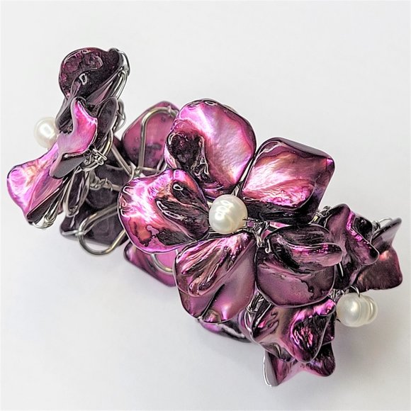 Dark Purple Pearl Adjustable Cuff Bangle Bracelet- NEW - Picture 11 of 13